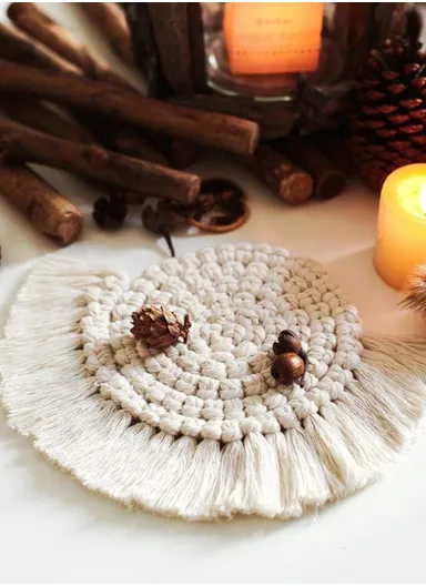 14cm Macrame Coasters for Drinks, Handmade Coasters with Tassels, Fan Shaped Coasters, Bohemian Home Decor Table Pad GT046