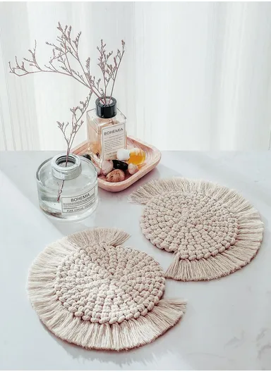 14cm Macrame Coasters for Drinks, Handmade Coasters with Tassels, Fan Shaped Coasters, Bohemian Home Decor Table Pad GT046