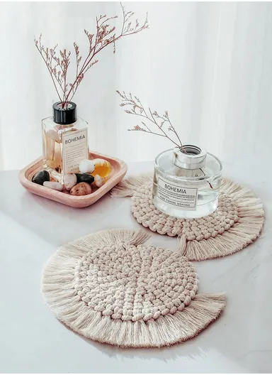 14cm Macrame Coasters for Drinks, Handmade Coasters with Tassels, Fan Shaped Coasters, Bohemian Home Decor Table Pad GT046