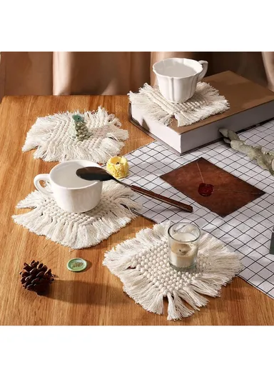 17cm Hand Woven Coaster Drink Mat Coffee Cup Mat Tassels Cotton Coasters Round Coasters White Table Mat Cotton Thread Tassel GT048
