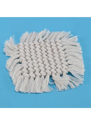 17cm Hand Woven Coaster Drink Mat Coffee Cup Mat Tassels Cotton Coasters Round Coasters White Table Mat Cotton Thread Tassel GT048