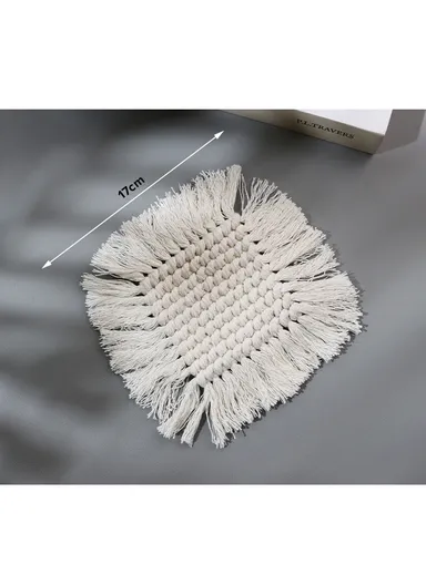 17cm Hand Woven Coaster Drink Mat Coffee Cup Mat Tassels Cotton Coasters Round Coasters White Table Mat Cotton Thread Tassel GT048