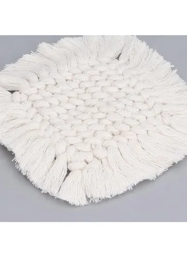 17cm Hand Woven Coaster Drink Mat Coffee Cup Mat Tassels Cotton Coasters Round Coasters White Table Mat Cotton Thread Tassel GT048