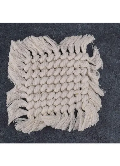 17cm Hand Woven Coaster Drink Mat Coffee Cup Mat Tassels Cotton Coasters Round Coasters White Table Mat Cotton Thread Tassel GT048