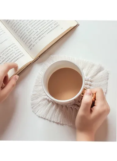 17cm Hand Woven Coaster Drink Mat Coffee Cup Mat Tassels Cotton Coasters Round Coasters White Table Mat Cotton Thread Tassel GT048