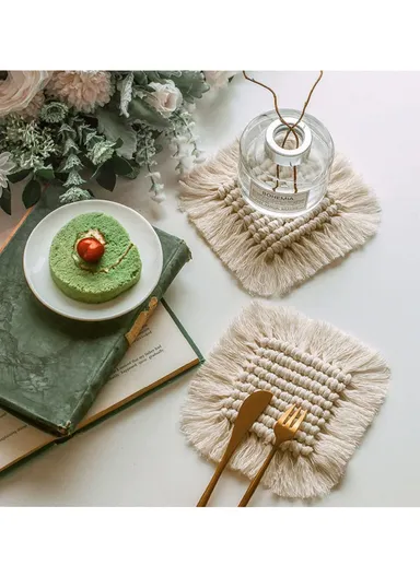 17cm Hand Woven Coaster Drink Mat Coffee Cup Mat Tassels Cotton Coasters Round Coasters White Table Mat Cotton Thread Tassel GT048