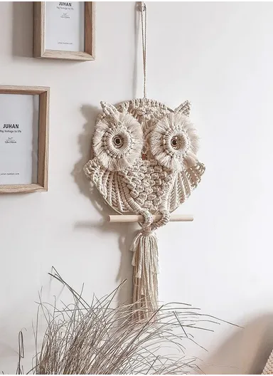 Hand Woven Owl Tapestry Macrame Home Wall Decor Cotton Line Macrame Tassel GT084 (W25 x H66)cm