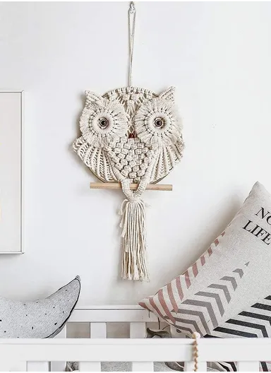 Hand Woven Owl Tapestry Macrame Home Wall Decor Cotton Line Macrame Tassel GT084 (W25 x H66)cm