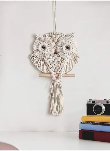 Hand Woven Owl Tapestry Macrame Home Wall Decor Cotton Line Macrame Tassel GT084 (W25 x H66)cm