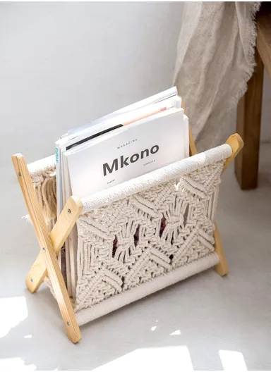 Mkono Macrame Magazine Rack Boho Storage Holder Basket Books Newspapers Swaddle Blanket Dorm Essentials Living Room Bathroom Office Nursery Home Decor AN-022