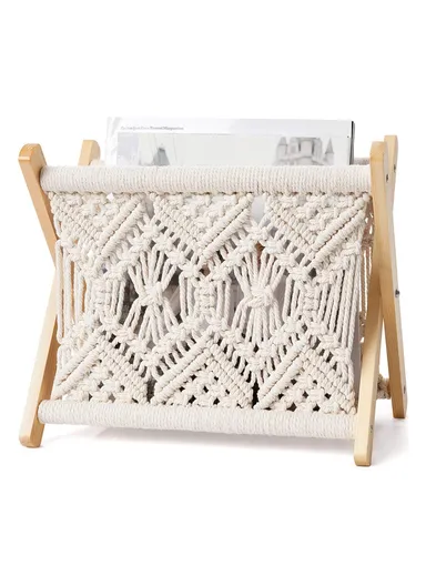 Mkono Macrame Magazine Rack Boho Storage Holder Basket Books Newspapers Swaddle Blanket Dorm Essentials Living Room Bathroom Office Nursery Home Decor AN-022