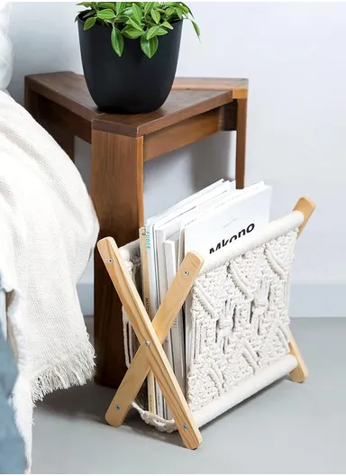 Mkono Macrame Magazine Rack Boho Storage Holder Basket Books Newspapers Swaddle Blanket Dorm Essentials Living Room Bathroom Office Nursery Home Decor AN-022