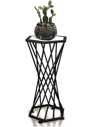 Hexagonal Plant Flower Pot Stand with Wooden Shelf, Plant Holder, Plant Display Rack for Balcony, Home, Offices, Hotels &amp; Decorations (W30 x D35 x H85)cm - Black