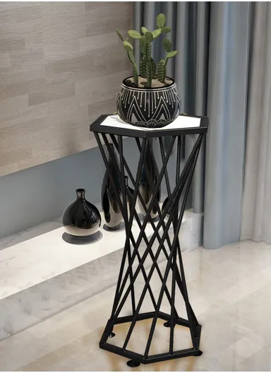 Hexagonal Plant Flower Pot Stand with Wooden Shelf, Plant Holder, Plant Display Rack for Balcony, Home, Offices, Hotels &amp; Decorations (W30 x D35 x H85)cm - Black
