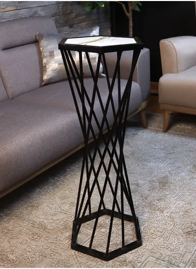 Hexagonal Plant Flower Pot Stand with Wooden Shelf, Plant Holder, Plant Display Rack for Balcony, Home, Offices, Hotels &amp; Decorations (W30 x D35 x H85)cm - Black