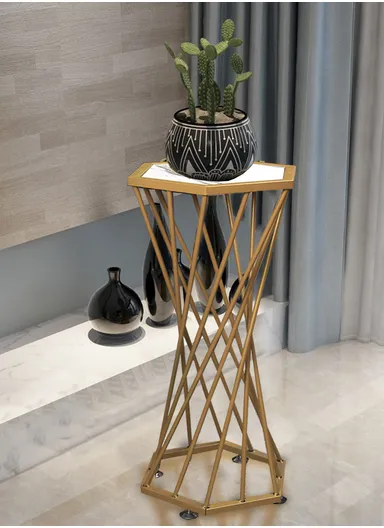 Hexagonal Plant Flower Pot Stand with Wooden Shelf, Plant Holder, Plant Display Rack for Balcony, Home, Offices, Hotels &amp; Decorations (W30 x D35 x H85)cm - Gold