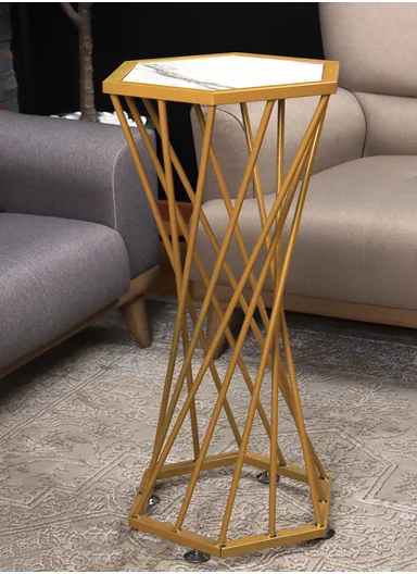 Hexagonal Plant Flower Pot Stand with Wooden Shelf, Plant Holder, Plant Display Rack for Balcony, Home, Offices, Hotels &amp; Decorations (W30 x D35 x H85)cm - Gold