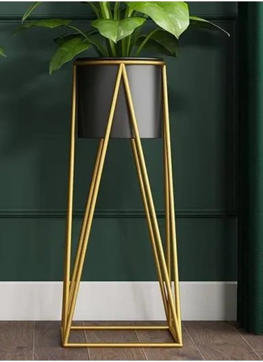 Geometric Metal Plant Stand, Bucket Rack Wrought Iron For Home, Desktop, Balcony, Office &amp; Hotel (W30 x D30 x H70)cm - Gold &amp; Black