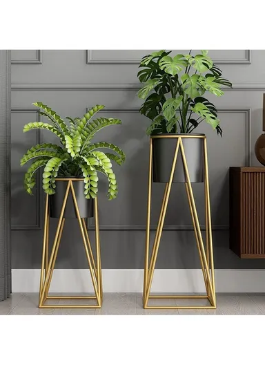 Geometric Metal Plant Stand, Bucket Rack Wrought Iron For Home, Desktop, Balcony, Office &amp; Hotel (W30 x D30 x H70)cm - Gold &amp; Black