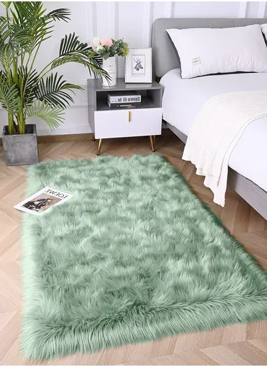 180x100cm Faux Sheepskin Rug, Soft Carpet Room, Long Hair Bedside Mat, Fluffy Rug for Bedroom, Living Room &amp; Couch - Mint