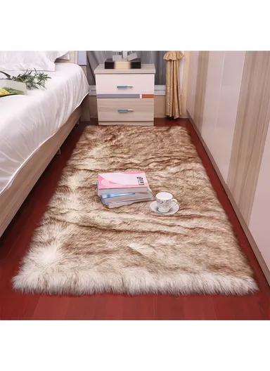 180x100cm Faux Sheepskin Rug, Soft Carpet Room, Long Hair Bedside Mat, Fluffy Rug for Bedroom, Living Room &amp; Couch - White/Brown