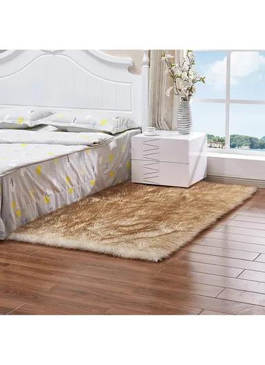 180x100cm Faux Sheepskin Rug, Soft Carpet Room, Long Hair Bedside Mat, Fluffy Rug for Bedroom, Living Room &amp; Couch - White/Brown