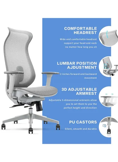 Elegant Ergonomic Office Chair, Desk Chair with 3D Armrest, Lumbar Support, Position Locking Mechanism &amp; Adjustable Height 6236A (W67 x D65 x H115-121)cm - Grey