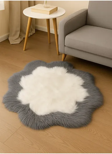 90x90cm Anti-Slip Modern Shaggy Mat With Long Hair - White &amp; Silver Grey 