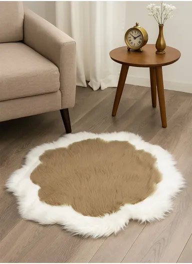 90x90cm Anti-Slip Modern Shaggy Mat With Long Hair - Dark Beige &amp; White 