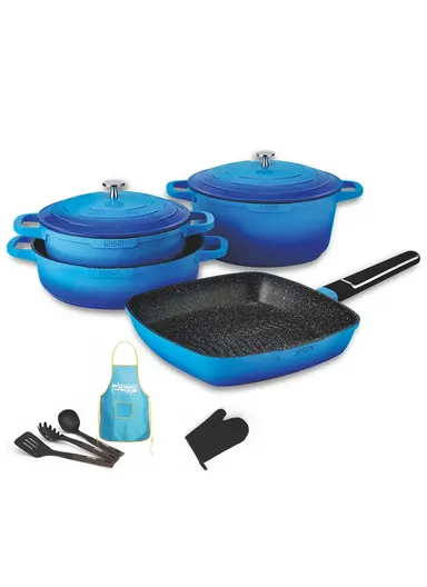 11 Pcs 24/28cm Casserole Cookware Set With 28cm Shallow Casserole, Square Plate, Spatula, Apron, Ladle, Glove, Pasta Server &amp; 2 Lids CA013-S01 - Blue