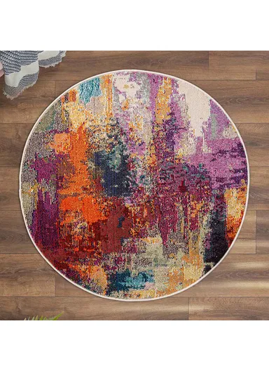 100 x 100 cm Art Artful Area Round Zymta Winter Carpet - Plum / Orange / Blue / Beige
