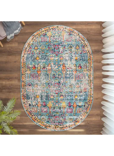 160 x 230 cm Art Barbola Oval Zymta Winter Carpet - Blue / Yellow / Orange / Fuchsia