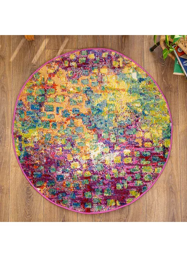 100 x 100 cm Art Enchanted Threads Round Zymta Winter Carpet - Orange / Green / Yellow / Fuchsia