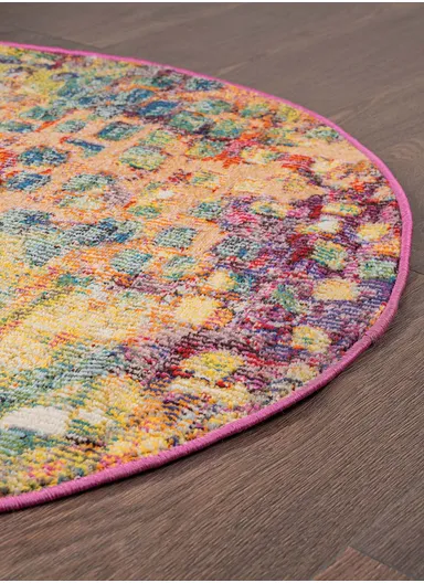 100 x 100 cm Art Enchanted Threads Round Zymta Winter Carpet - Orange / Green / Yellow / Fuchsia