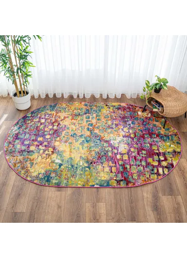 160 x 230 cm Art Enchanted Threads Oval Zymta Winter Carpet - Orange / Green / Yellow / Fuchsia