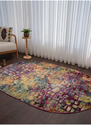 160 x 230 cm Art Enchanted Threads Oval Zymta Winter Carpet - Orange / Green / Yellow / Fuchsia