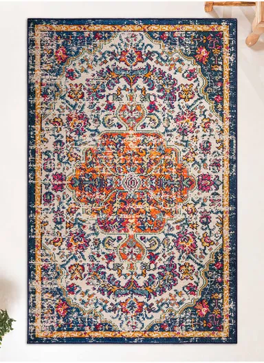 120 x 180 cm Art Fiona Zymta Winter Carpet - Beige / Orange / Navy Blue / Mustard