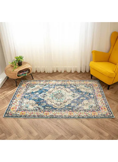 120 x 180 cm Art Floor Fantasy Zymta Winter Carpet - Blue / Beige / Anthracite / Mustard