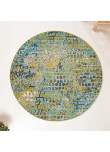 100 x 100 cm Art Patterned Paradise Round Zymta Winter Carpet - Blue / Oil Green / Navy Blue