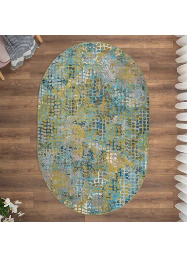 160 x 230 cm Art Patterned Paradise Oval Zymta Winter Carpet - Blue / Oil Green / Navy Blue