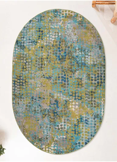 160 x 230 cm Art Patterned Paradise Oval Zymta Winter Carpet - Blue / Oil Green / Navy Blue