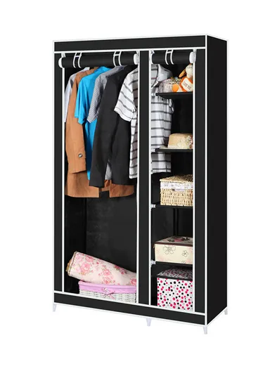 2-Section Fabric Wardrobe Closet Durable with Shelves &amp; Hanging Rod 68110 (110x45x175)cm - Black