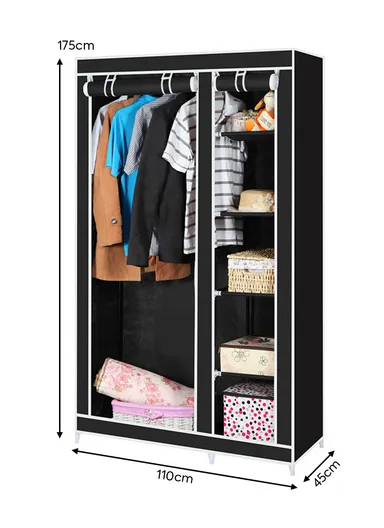 2-Section Fabric Wardrobe Closet Durable with Shelves &amp; Hanging Rod 68110 (110x45x175)cm - Black