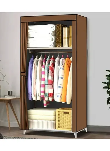 Space-Saving Steel Frame Clothes Cabinet, Dust Protection, Ample Storage, Easy to Assemble CL-58 (W55 x D45 x H148)cm - Brown