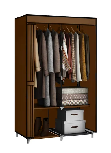 Durable Steel Frame Clothes Cabinet, Large Hanging Space &amp; Dust Protection CL-86 (W86 x D45 x H148)cm - Brown