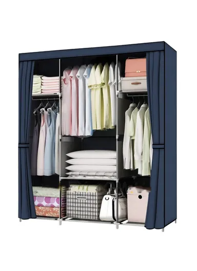 Durable Steel Frame Clothes Cabinet Large Hanging Space, Easy to Dismantle, Dust Protection CL-128 (W128 x D45 x H170)cm - Navy Blue