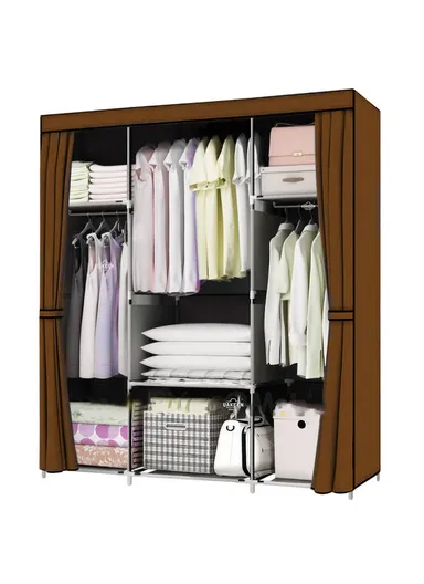 Durable Steel Frame Clothes Cabinet Large Hanging Space, Easy to Dismantle, Dust Protection CL-128 (W128 x D45 x H170)cm - Brown