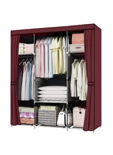 Durable Steel Frame Clothes Cabinet Large Hanging Space, Easy to Dismantle, Dust Protection CL-128 (W128 x D45 x H170)cm - Wine Red