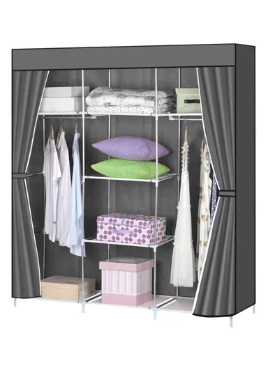Large Capacity Plastic &amp; Stainless Steel Portable Wardrobe Storage Cabinet CL-150 (W150 x D45 x H170)cm - Grey