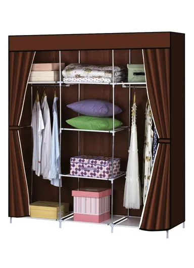 Large Capacity Plastic &amp; Stainless Steel Portable Wardrobe Storage Cabinet CL-150 (W150 x D45 x H170)cm - Brown